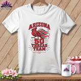 White t-shirt featuring a red cardinal graphic and text reading Arizona 50 Thread Team hanging on a wooden background.