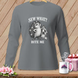 Grey long-sleeve t-shirt featuring a hedgehog graphic with the text SEW WHAT? BITE ME.