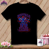 A black t-shirt features a blue and red graphic with a buffalo, thread spools, and the text 