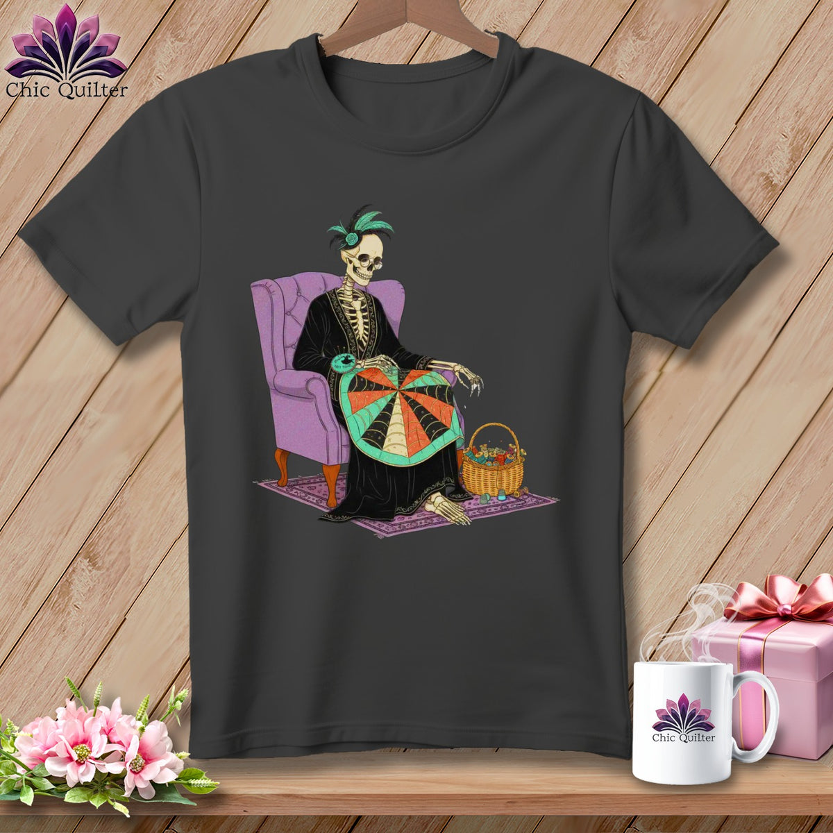 Skeleton woman with feathered hair sewing a quilt while sitting in a chair.