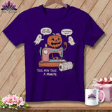 Purple t-shirt with jack-o-lantern and ghosts sewing, text 