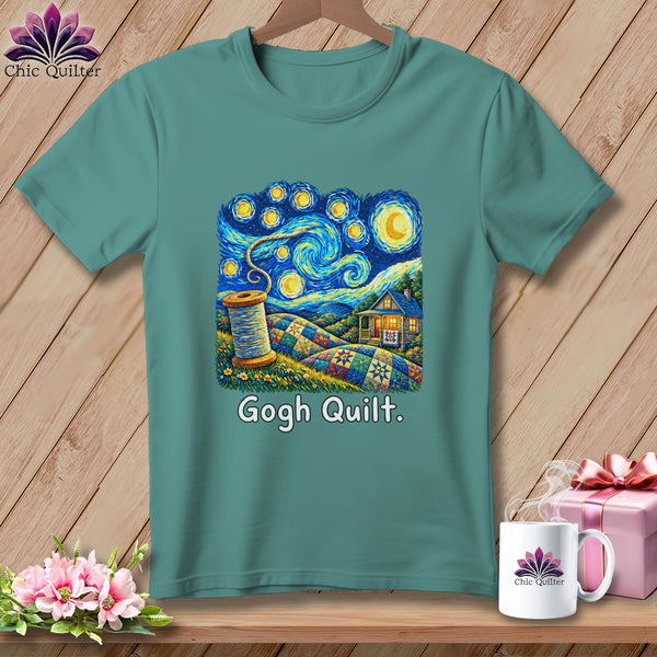Teal t-shirt with "Gogh Quilt." text and Van Gogh-inspired quilt, spool, and house artwork.