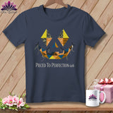 Navy t-shirt with a patchwork jack-o'-lantern face and 