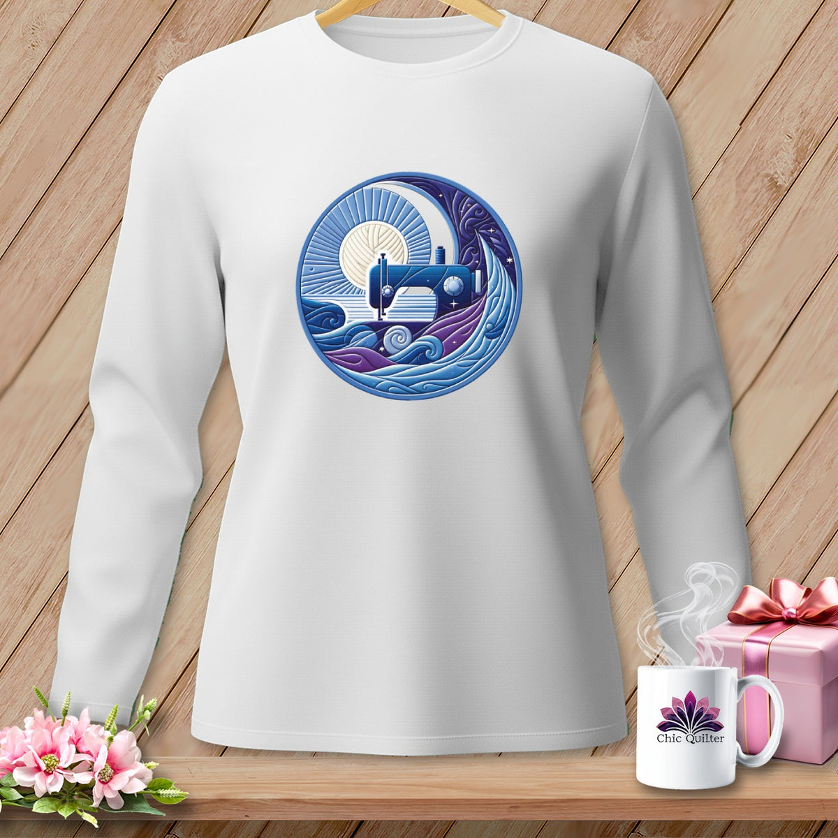 White long-sleeve shirt with a circular graphic featuring a sewing machine.
