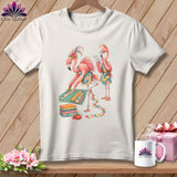 White t-shirt with two flamingos sewing fabric and quilting supplies.