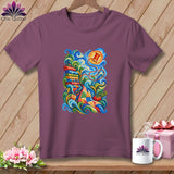 Mauve crewneck t-shirt featuring a vibrant, swirling graphic of quilting supplies on a wooden background.