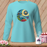 Light blue long-sleeve shirt featuring a circular quilt-style art design of a sewing machine and sun.