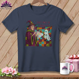 Dark blue t-shirt with a witch and ghost graphic, text reads 