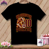 Black t-shirt featuring a stack of quilts, a coffee mug, and text reading WASHINGTON QUILTER.