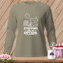 T-shirt with white graphic of sewing machine, fabric, and text "Stopping was an option."