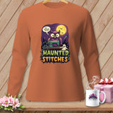 Orange long-sleeve shirt with an owl and ghost design reading 