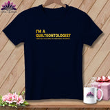 Navy t-shirt with yellow text: 