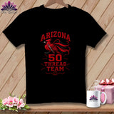 A black crewneck t-shirt featuring a red cardinal graphic and text reading Arizona 50 Thread Team.