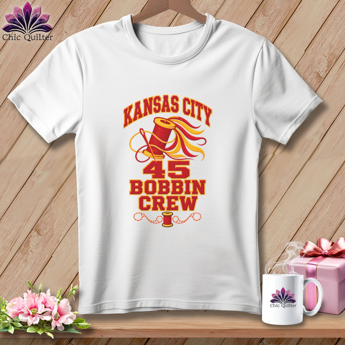 A white short-sleeved t-shirt features red and yellow typography reading Kansas City 45 Bobbin Crew.