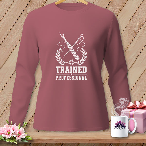 Rose long-sleeve shirt with "Trained Professional" sewing graphic and Chic Quilter mug.