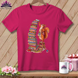 T-shirt graphic: squirrel with apron stacking colorful fabric bolts on a ladder.
