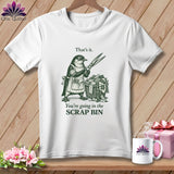 White t-shirt with a penguin holding scissors and a basket of scraps.