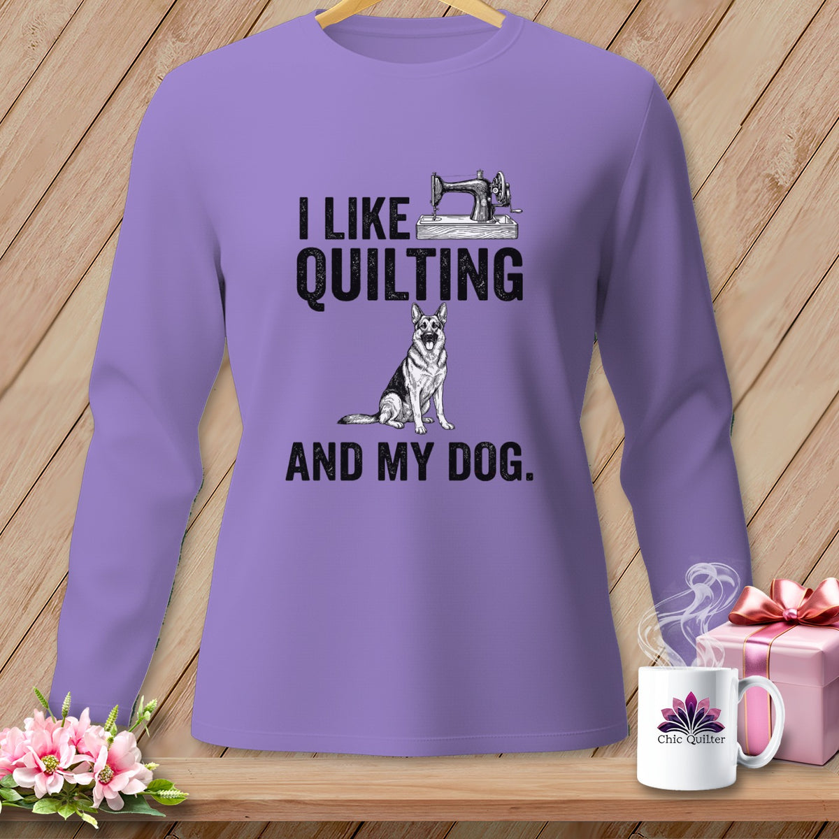 Purple long-sleeve shirt with "I like quilting and my dog" text and German Shepherd.