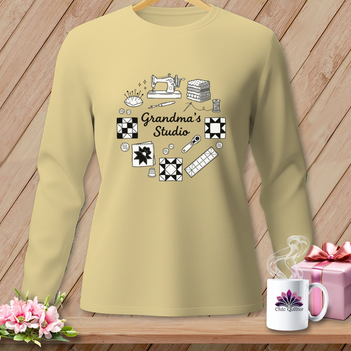 Long sleeve shirt with "Grandma's Studio" and sewing graphics.