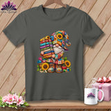 Charcoal gray t-shirt featuring a colorful gnome holding a stack of patterned fabrics and sewing supplies.