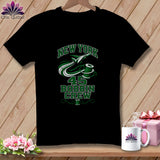 A black t-shirt featuring a green graphic with a jet, thread spool, and text reading 