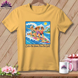 Yellow t-shirt featuring a graphic of three women surfing on a patchwork quilt with the text Catch the Wave, Piece the Quilt.
