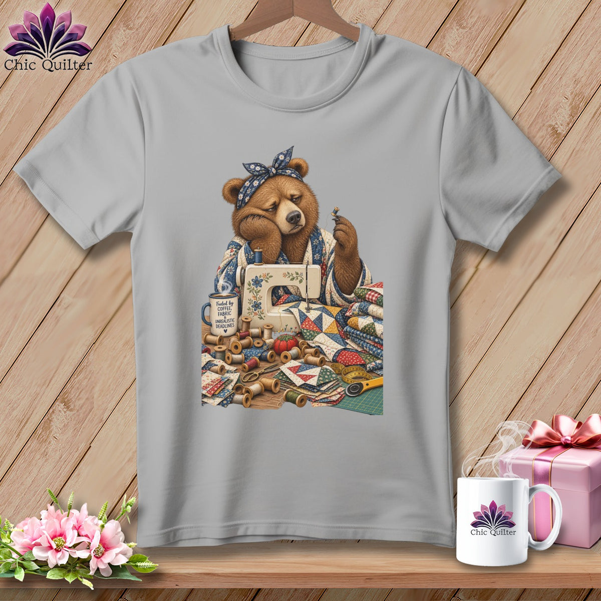 Illustration of a bear sewing with a machine, surrounded by fabric and thread.