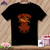 A black t-shirt features a graphic with the text San Francisco 45 Bobbin Crew, sewing buttons, and a spool of thread.