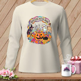 Long-sleeve shirt with Halloween quilting graphic featuring 