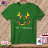 Green t-shirt with a patchwork jack-o'-lantern design and 