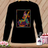 Witch with ruler stirring cauldron with sewing supplies, text 