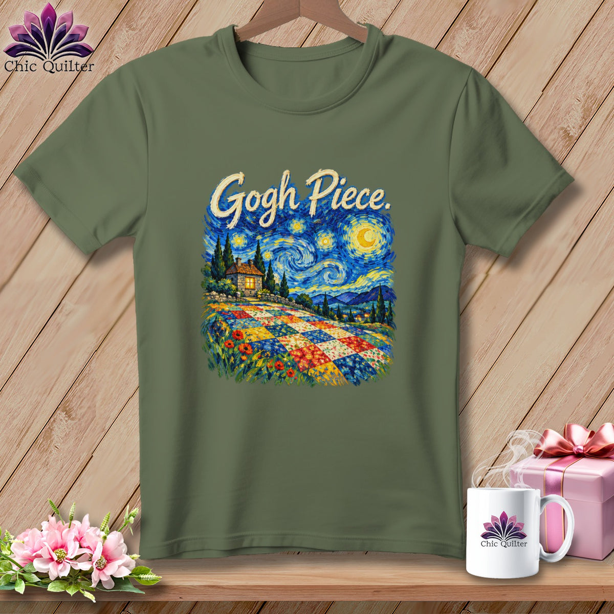 Olive green t-shirt featuring a Starry Night graphic with a colorful quilt and the text Gogh Piece.