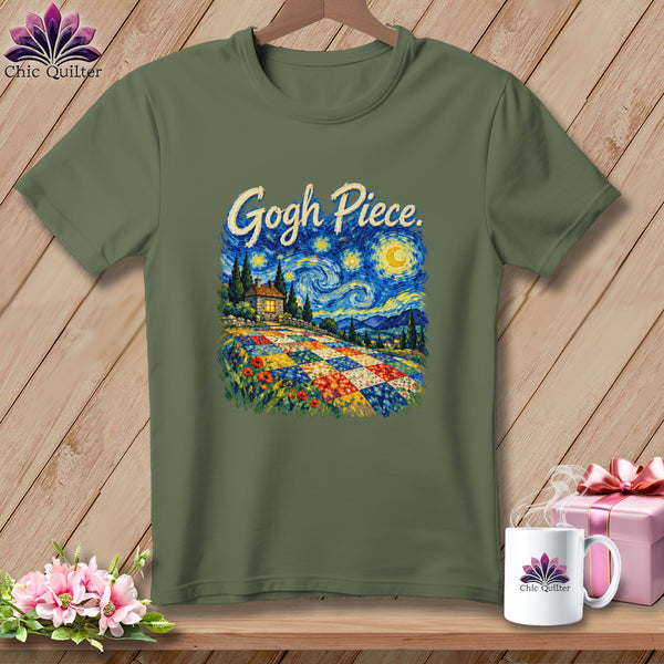 Olive green t-shirt featuring a Starry Night graphic with a colorful quilt and the text Gogh Piece.