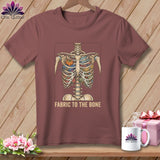 Skeleton ribcage filled with fabric and sewing notions, text 