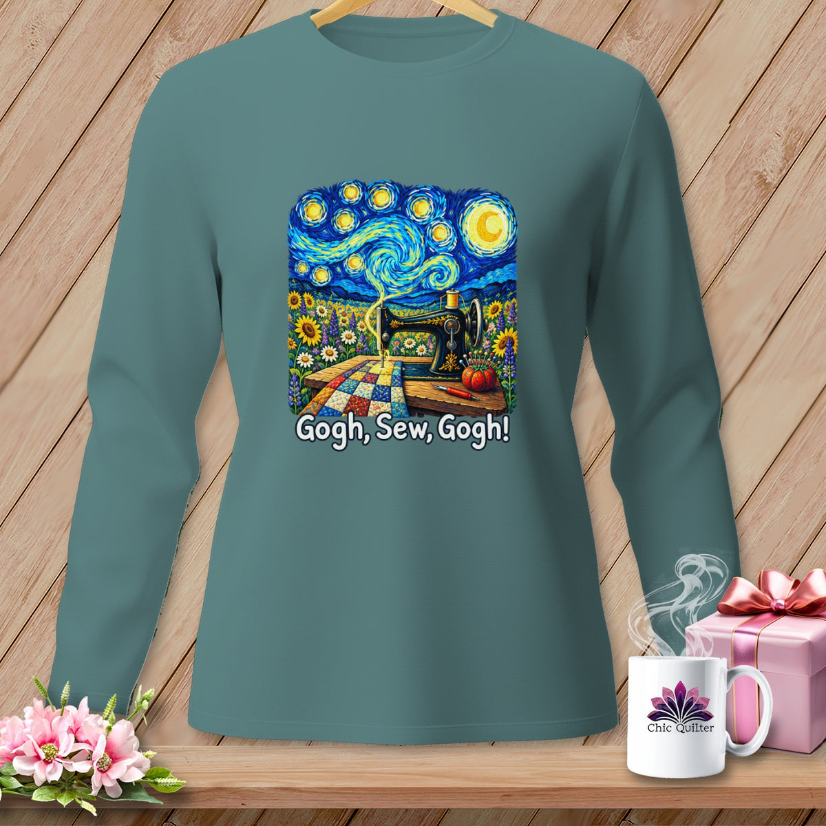 Teal long-sleeve shirt with "Gogh, Sew, Gogh!" and Starry Night sewing design.