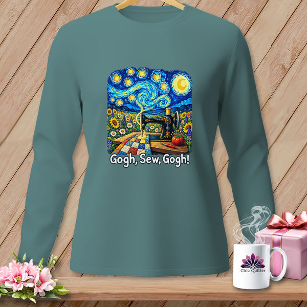 Teal long-sleeve shirt with "Gogh, Sew, Gogh!" and Starry Night sewing design.