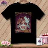 Black t-shirt with fortune teller, ghost, and 