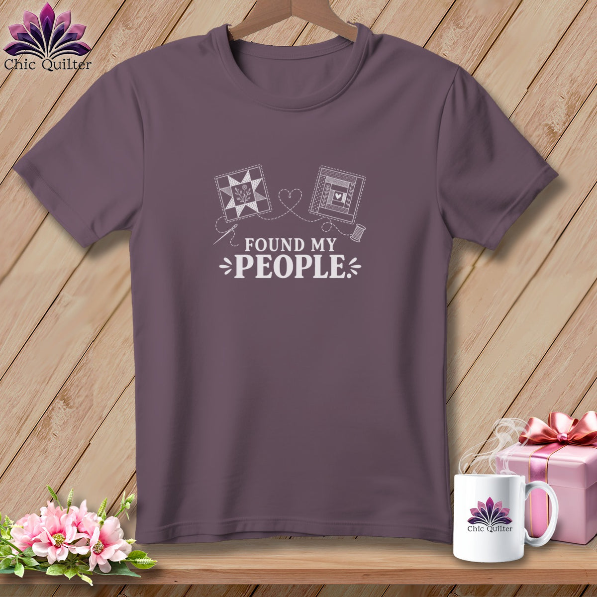 Purple t-shirt with "Found My People" text and quilting motifs.