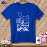 Royal blue t-shirt with white graphic of sewing machine and text 