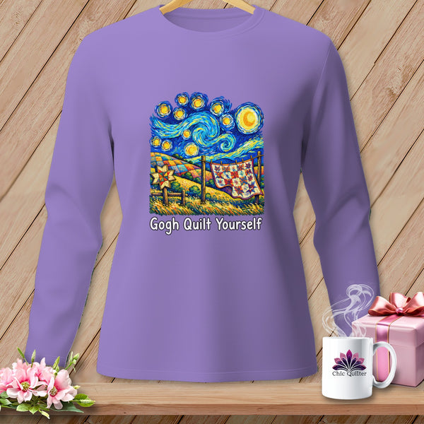 Purple long-sleeve shirt with "Gogh Quilt Yourself" text and a quilt design inspired by Van Gogh's Starry Night.