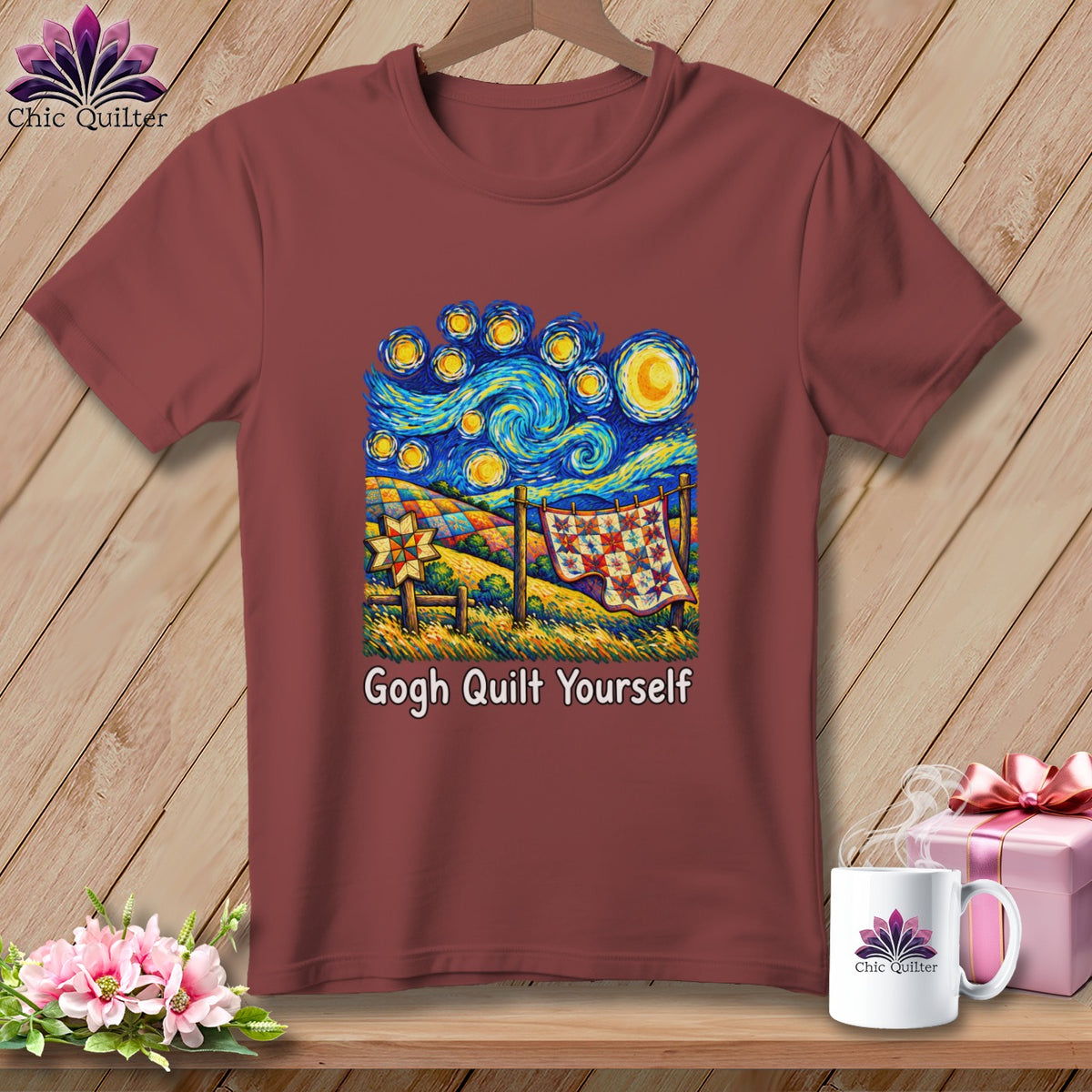 Maroon t-shirt with "Gogh Quilt Yourself" print inspired by Van Gogh's Starry Night.