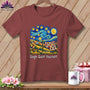 Maroon t-shirt with "Gogh Quilt Yourself" print inspired by Van Gogh's Starry Night.