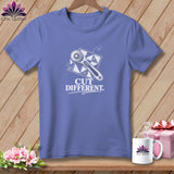 Purple t-shirt with rotary cutter, quilt squares, and text 