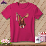 Pink t-shirt with a moose wearing fabric strips on antlers and a quilt block.