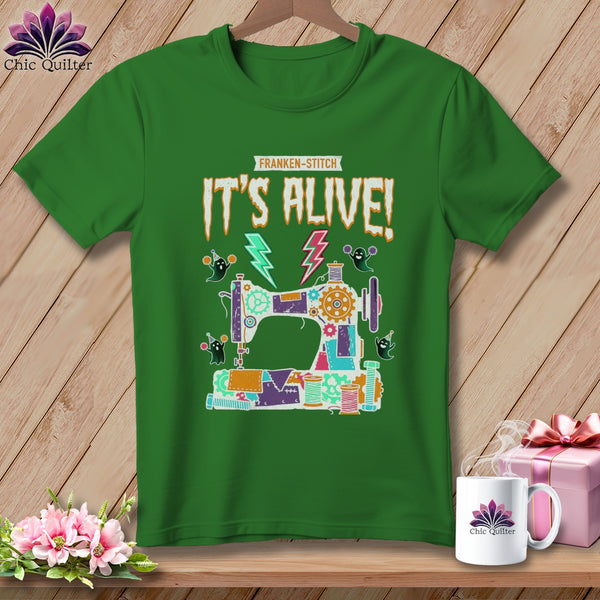 Green t-shirt with "FRANKEN-STITCH IT'S ALIVE!" and a sewing machine design.