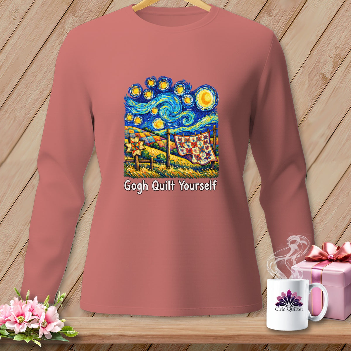 Long-sleeve shirt with "Gogh Quilt Yourself" text and Van Gogh-inspired quilt art.