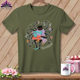 Green t-shirt with a cartoon spider sewing and drinking coffee, text says MULTITASKING.