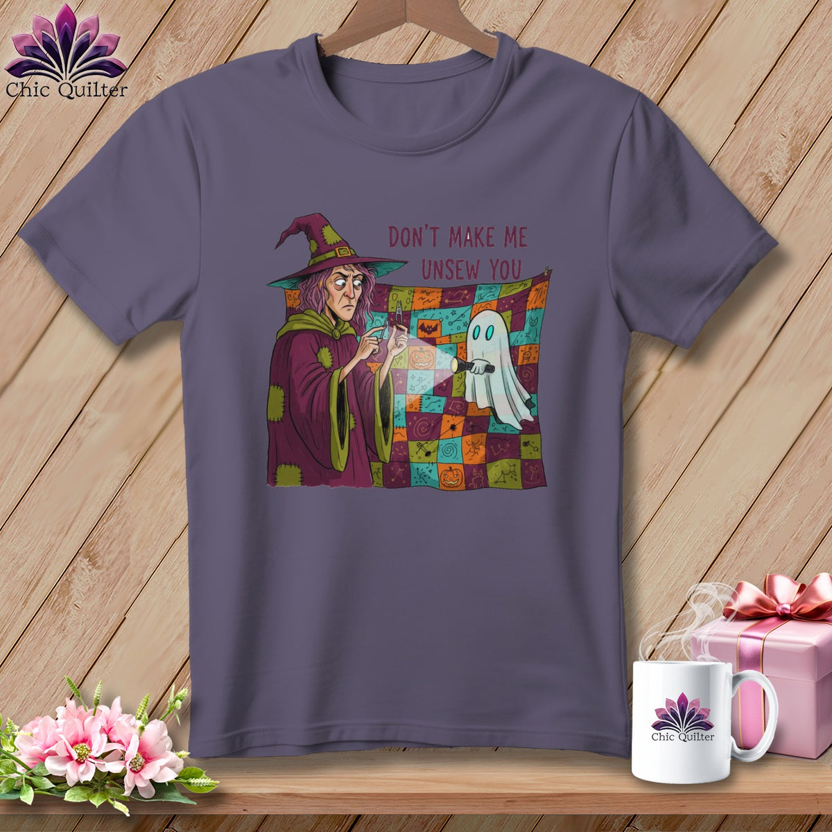 T-shirt with witch and ghost graphic, "Don't Make Me Unsew You" text.