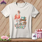 Flamingo with sewing machine, spools of thread, and quilt on white t-shirt.