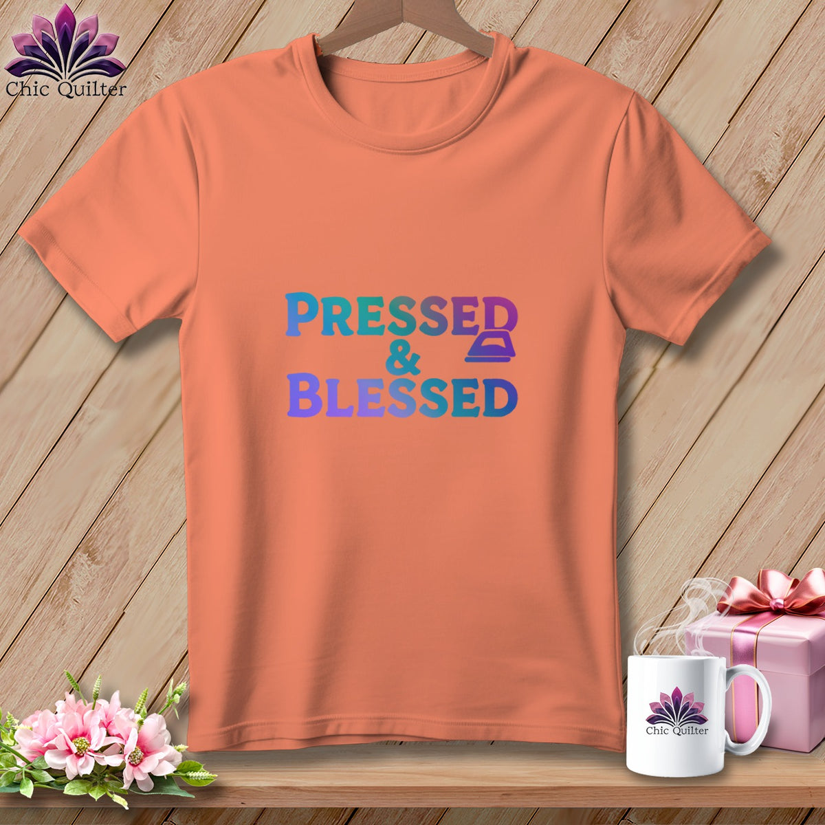 Peach t-shirt with "PRESSED & Blessed" text and an iron graphic.